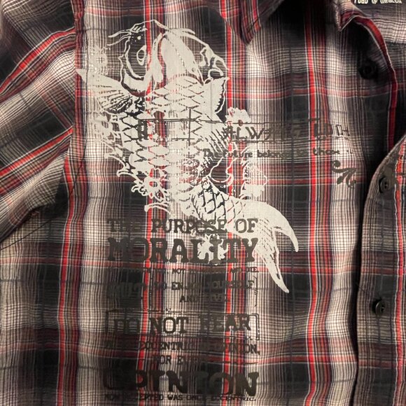 Projek Raw Shirt Mens XL Black Red Gray Plaid Graphic Button Up Long Sleeve - Picture 8 of 12